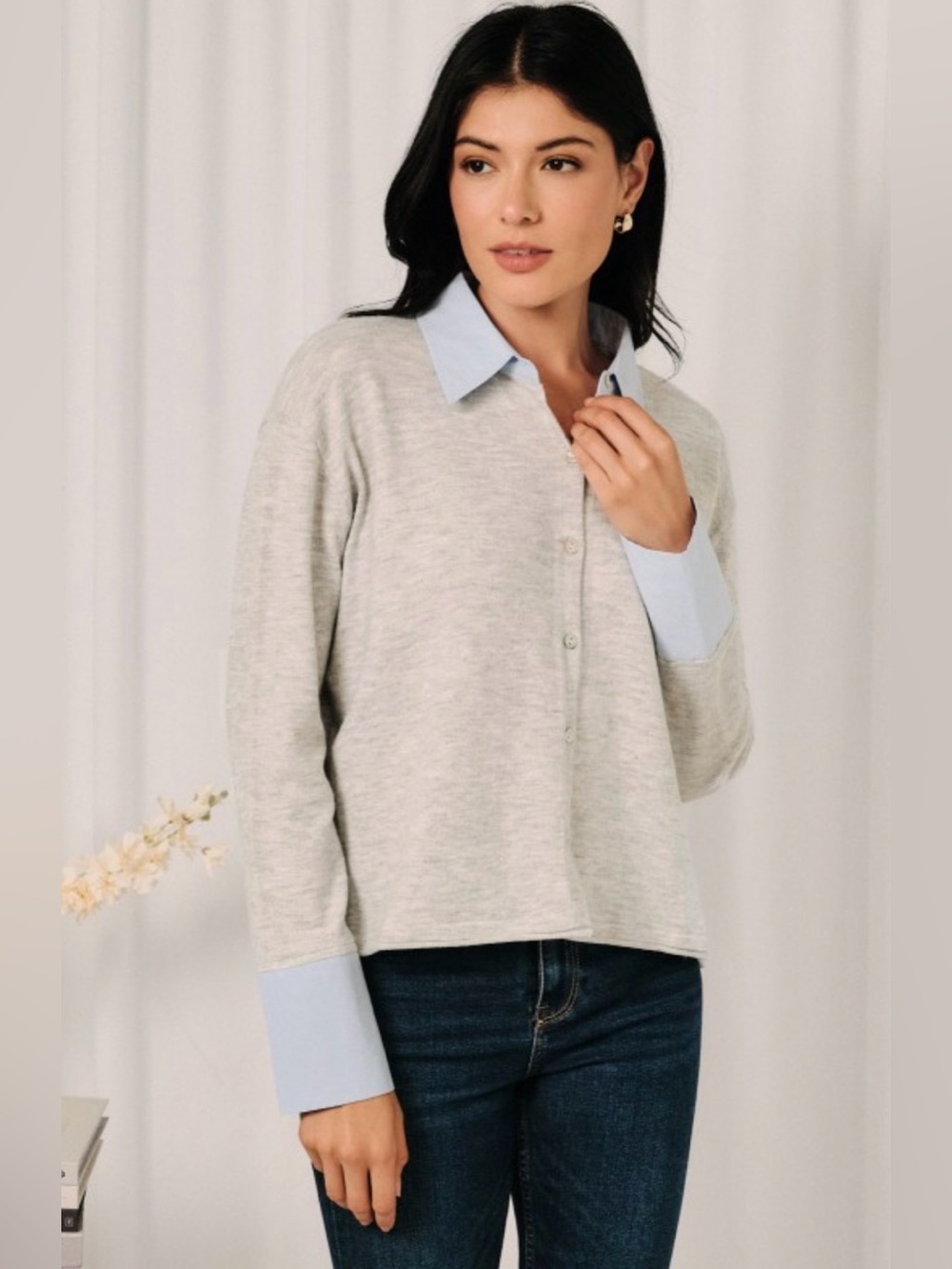 227 Light Gray Button-Front Sweater with Blue Collar & Cuffs